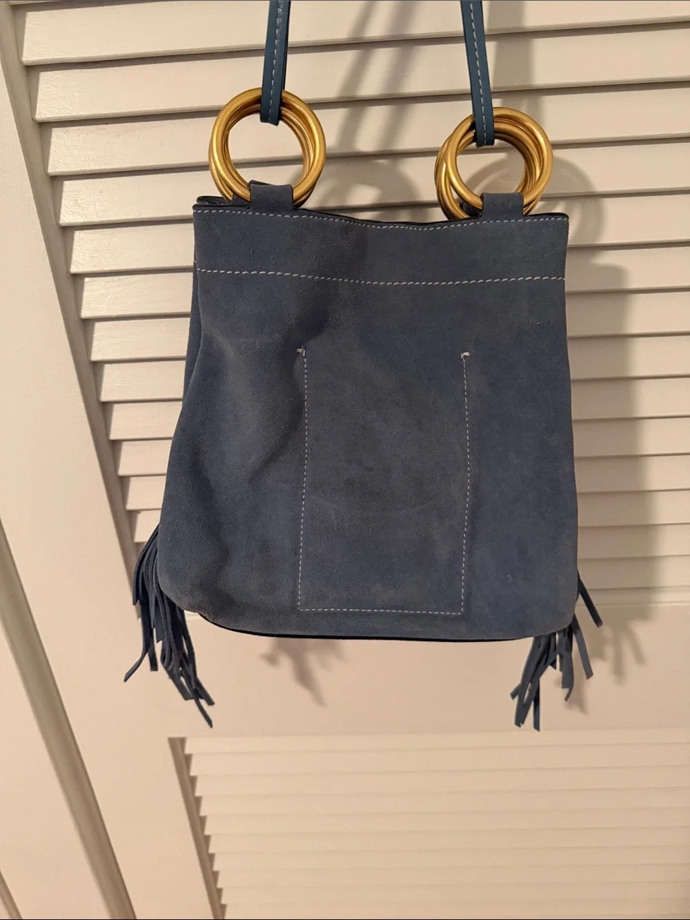 Tory Burch Farrah Light Blue Suede Hobo bag with Gold Ring Hardware